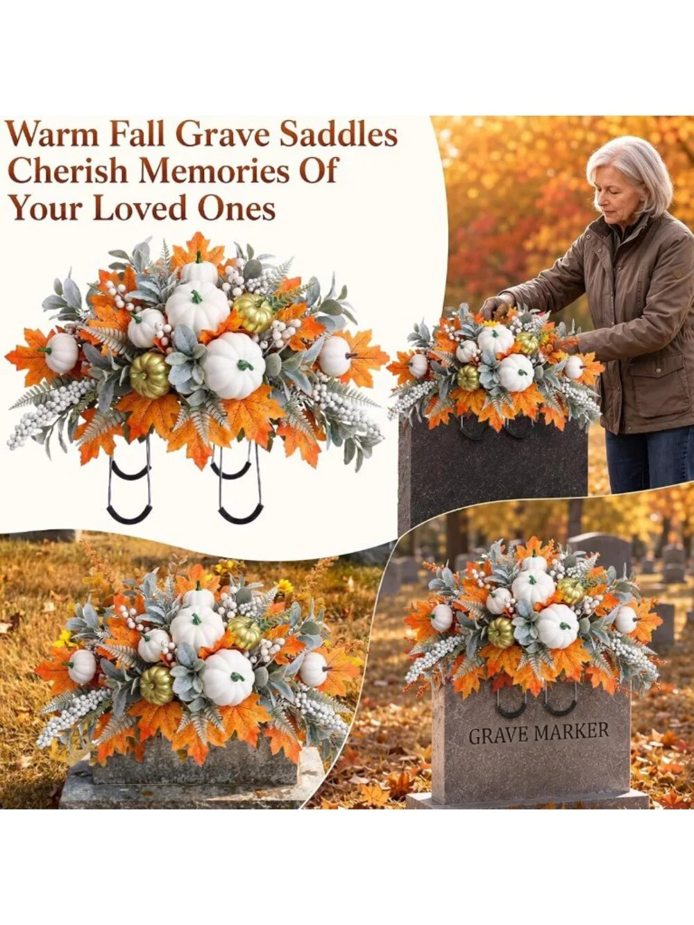 Autumn Floral Arrangement for Grave Decoration | Fall Pumpkins & Silk Flowers